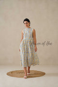 Geometric Pastel Cotton Dress | Sleeveless Boat Neck Midi Dress | Abstract Multi-Color Printed A-Line Summer Sundress