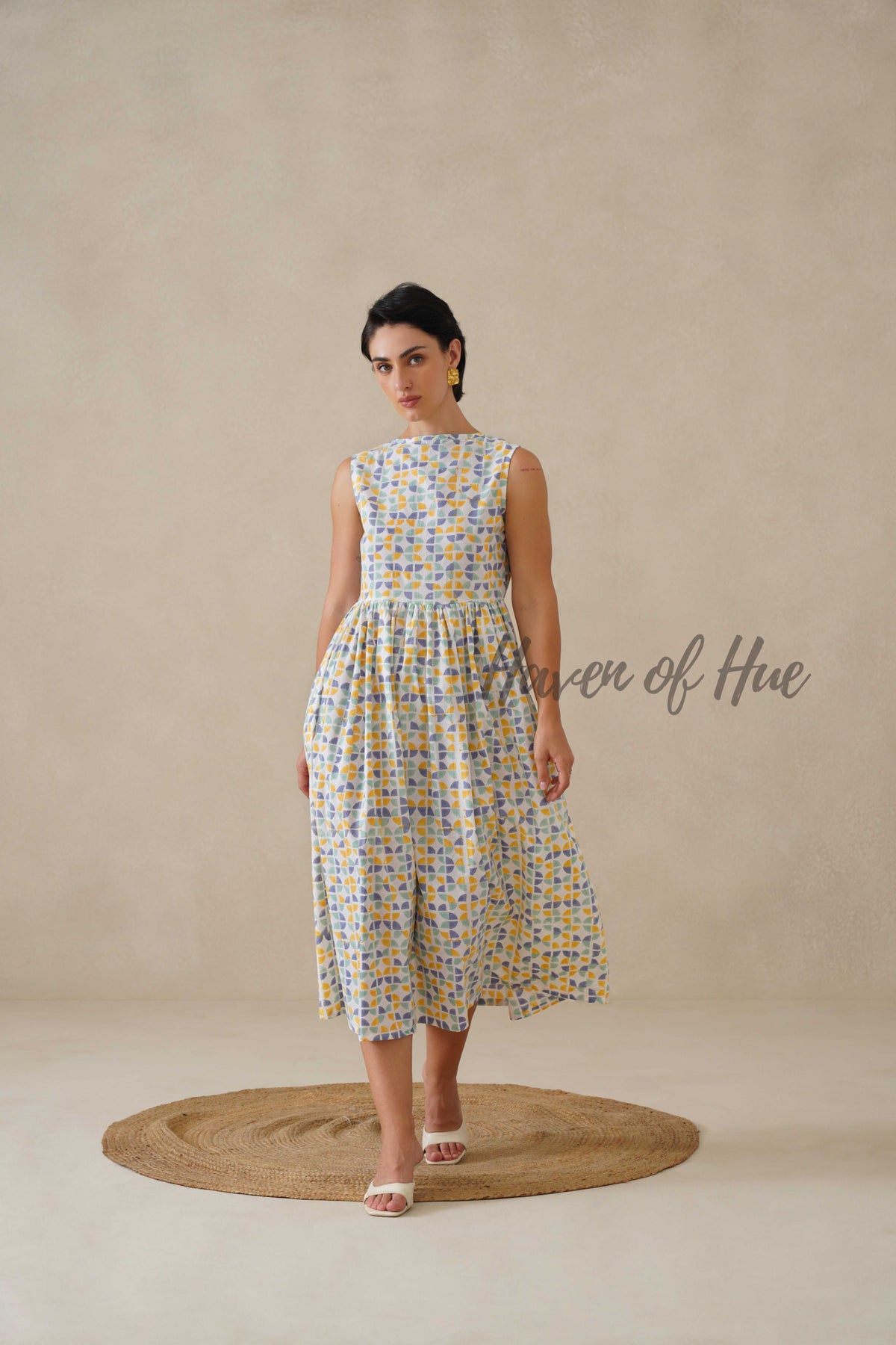 Geometric Pastel Cotton Dress | Sleeveless Boat Neck Midi Dress | Abstract Multi-Color Printed A-Line Summer Sundress