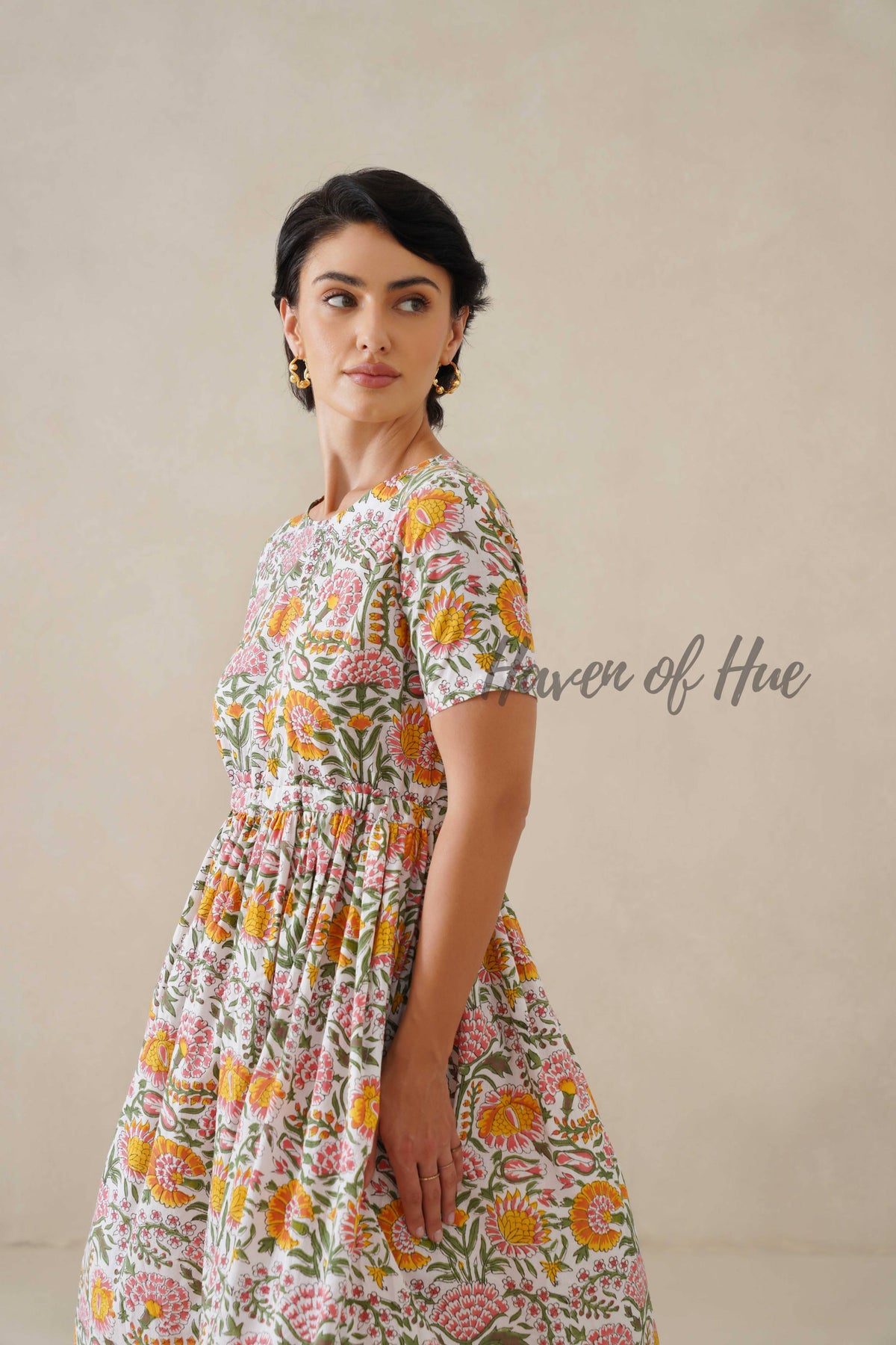 Multi Color Floral Cotton Midi Dress - Boho Short Sleeve Cottagecore Dress