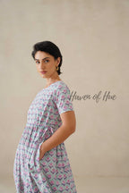 Green Base Floral Cotton Midi Dress - Boho Short Sleeve Cottagecore Dress