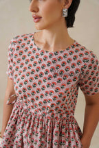 Berry Pink Floral Cotton Midi Dress - Boho Short Sleeve Summer Dress