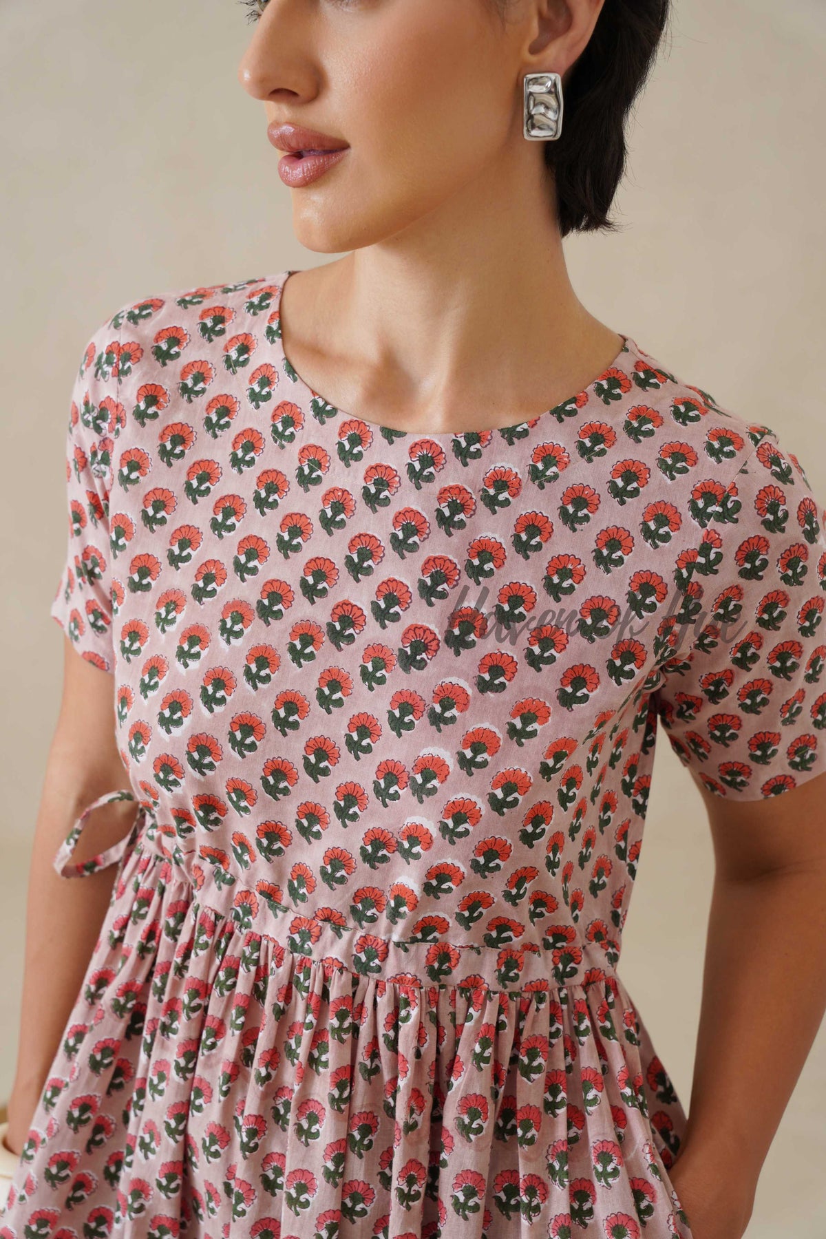 Berry Pink Floral Cotton Midi Dress - Boho Short Sleeve Summer Dress
