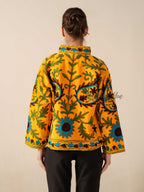 Women's Yellow Suzani Velvet Jacket Teal Floral Embroidered Boho Coat