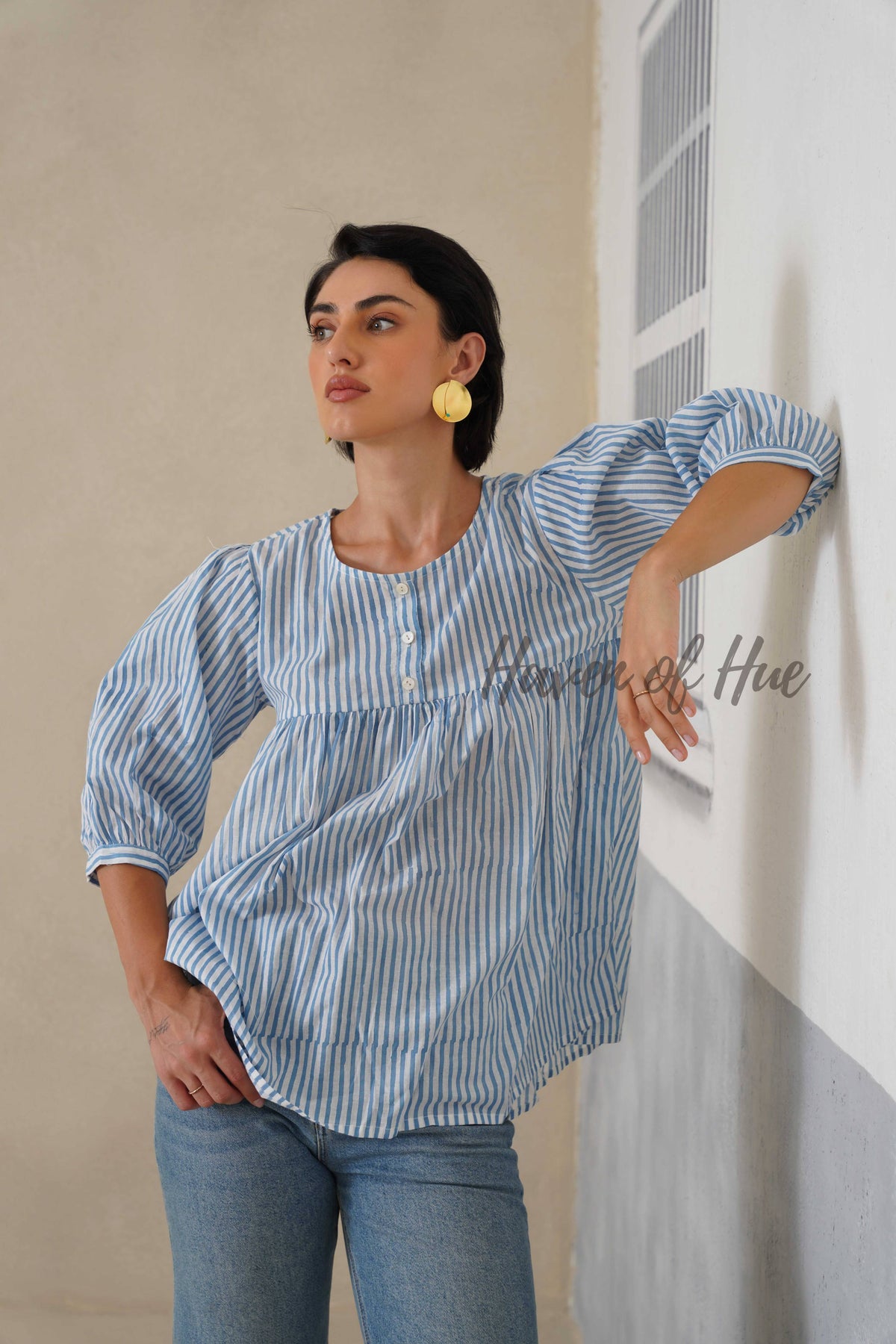 Women Cotton Tunic Top | Hand Block Print Striped Blue Top - 100% Breathable Cotton Summer Tunic