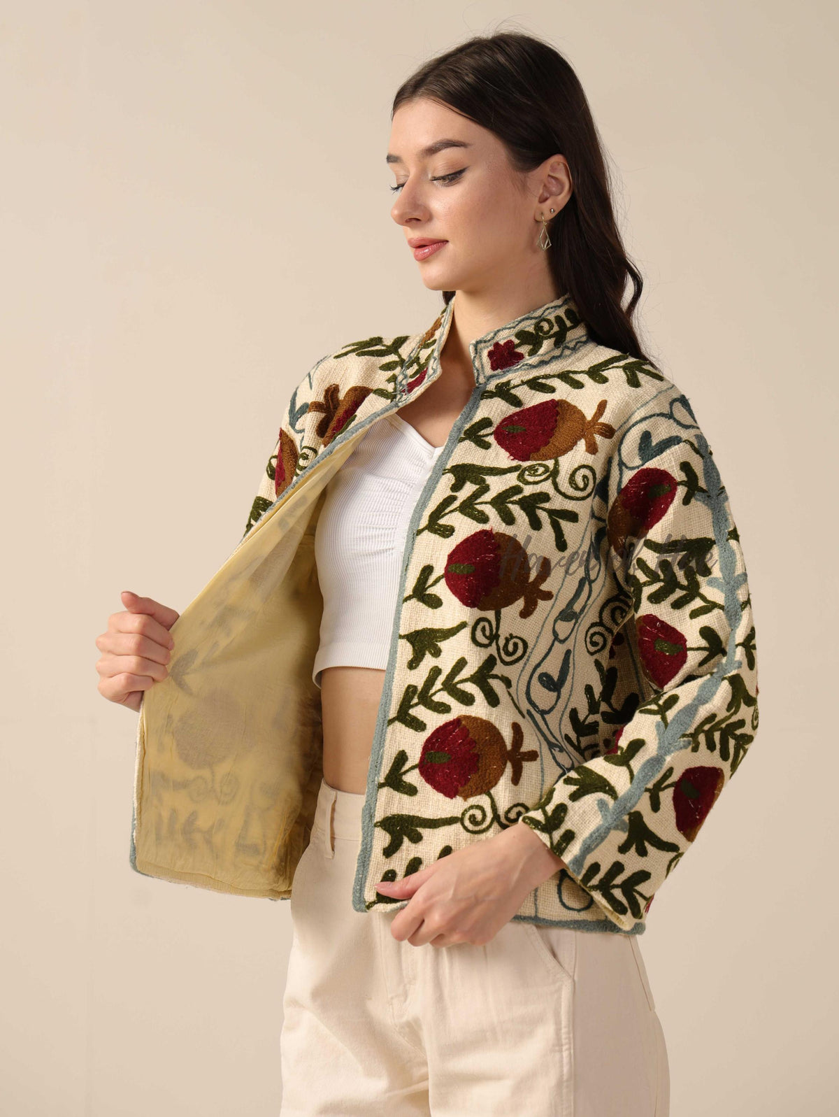 Women's Cream Cotton Embroidered Jacket Boho Lightweight Relaxed Fit Casual Outerwear