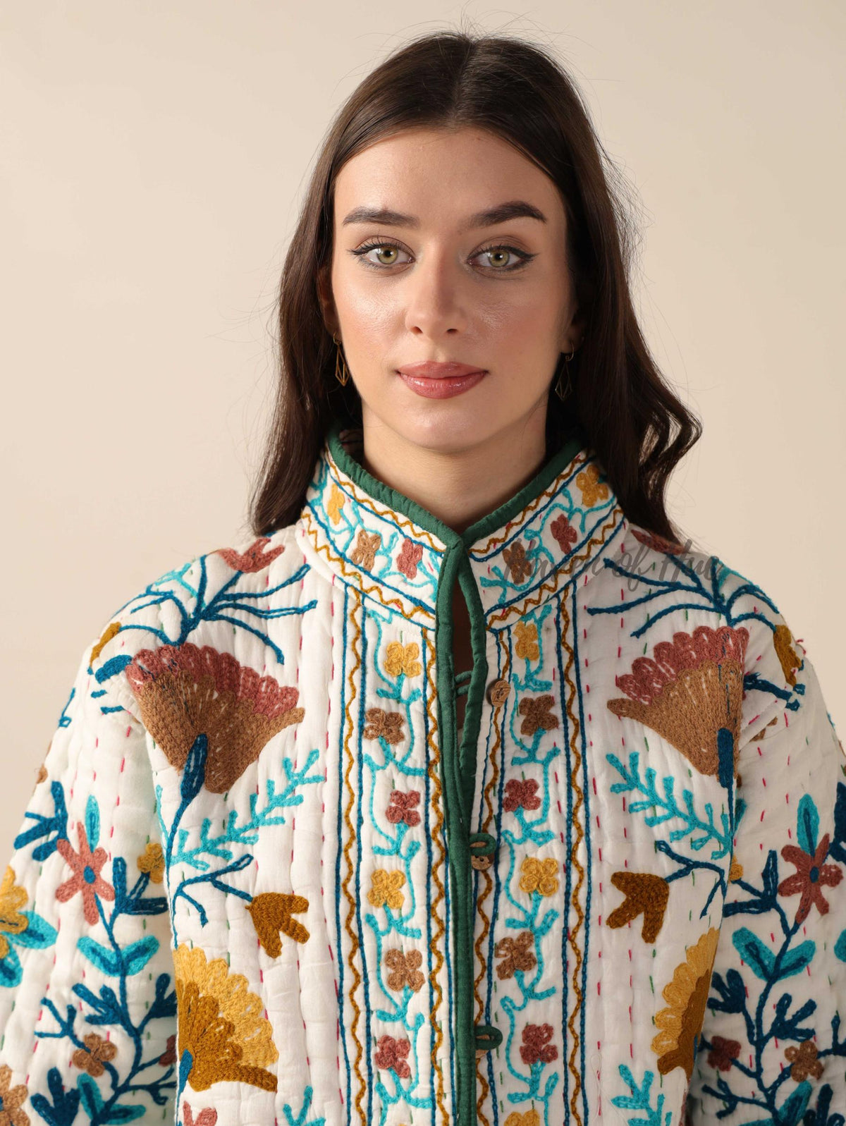 Hand Embroidered Suzani Kantha Jacket, White Quilted Cotton Women’s Jacket