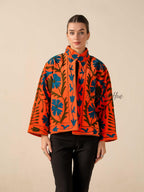 Women's Orange Suzani Velvet Jacket Teal Blue Floral Embroidered Boho Coat