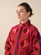 Women's Pink Suzani Velvet Jacket Maroon Floral Embroidered Boho Coat