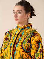 Women's Yellow Suzani Velvet Jacket Teal Floral Embroidered Boho Coat