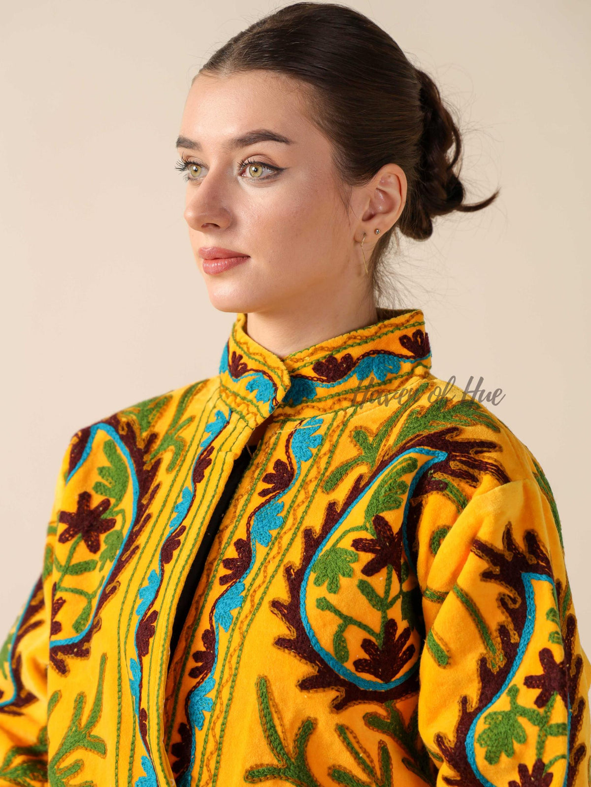 Women's Yellow Suzani Velvet Jacket Teal Floral Embroidered Boho Coat