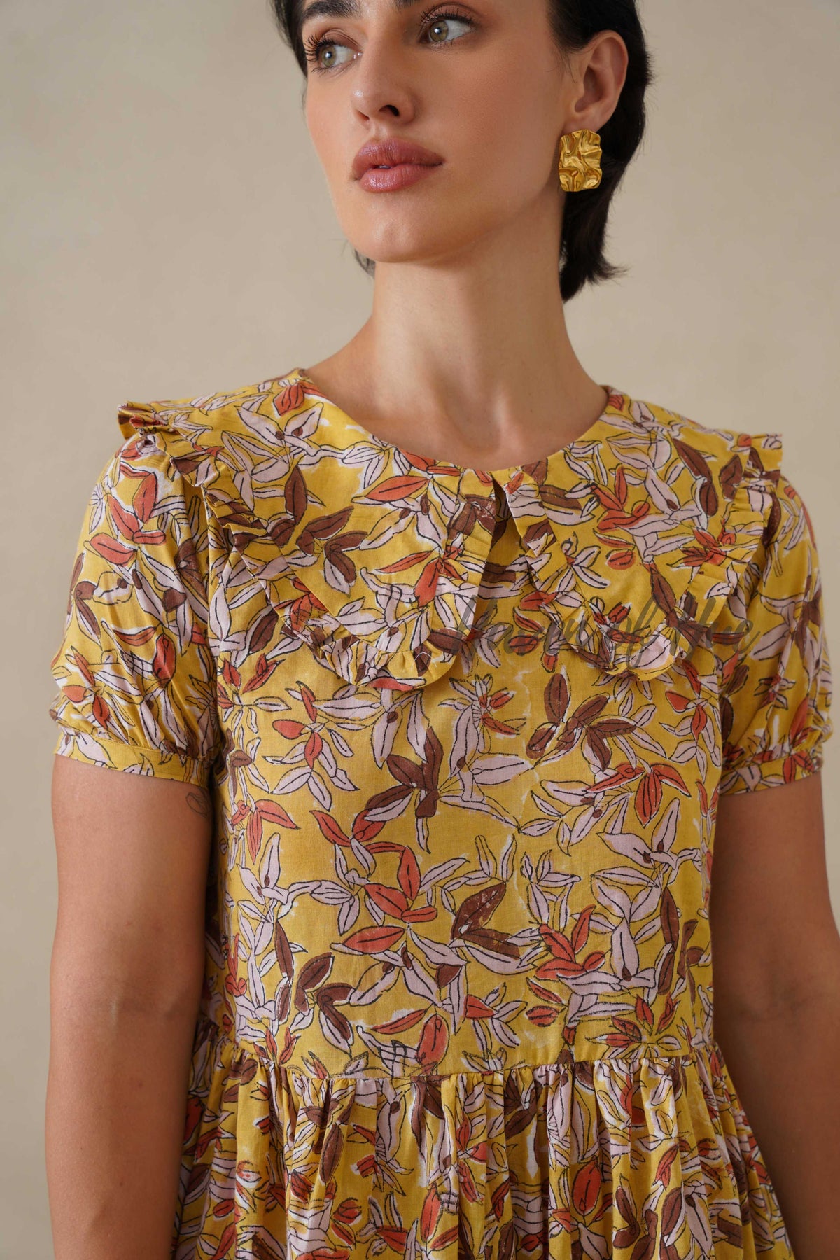 Yellow Floral Cotton Dress | Vintage Ruffle Collar Midi Dress | Boho Summer Short Sleeve Relaxed Fit Smock Dress