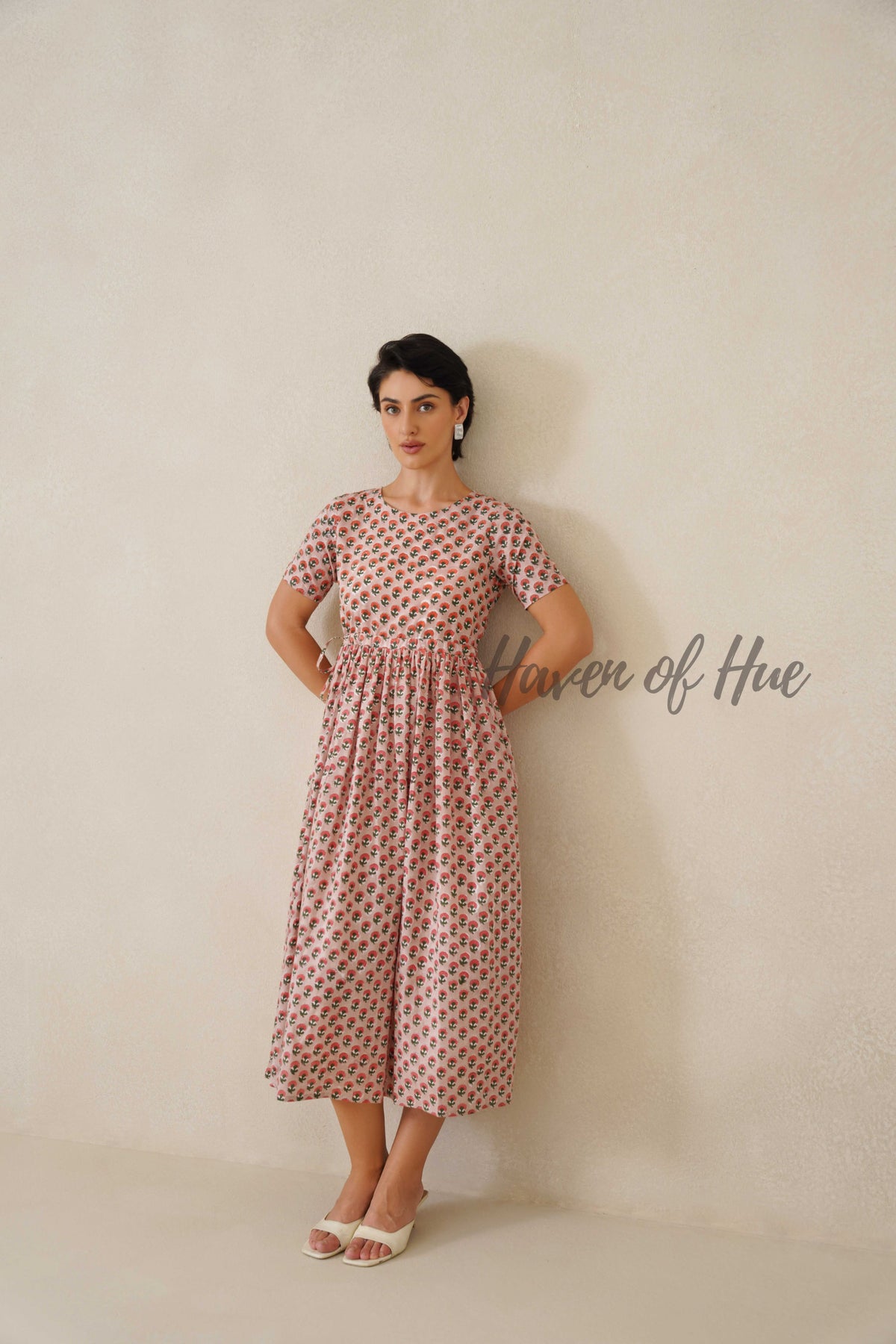 Berry Pink Floral Cotton Midi Dress - Boho Short Sleeve Summer Dress