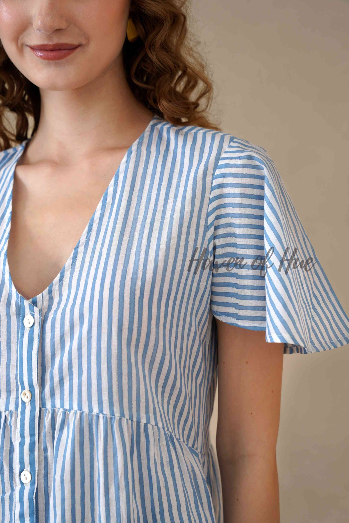 Blue Stripe Maxi Dress Cotton Flutter Sleeve Tiered