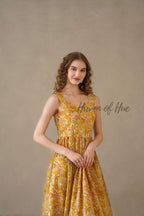 Yellow Floral Midi Dress Hand Block Print Cotton
