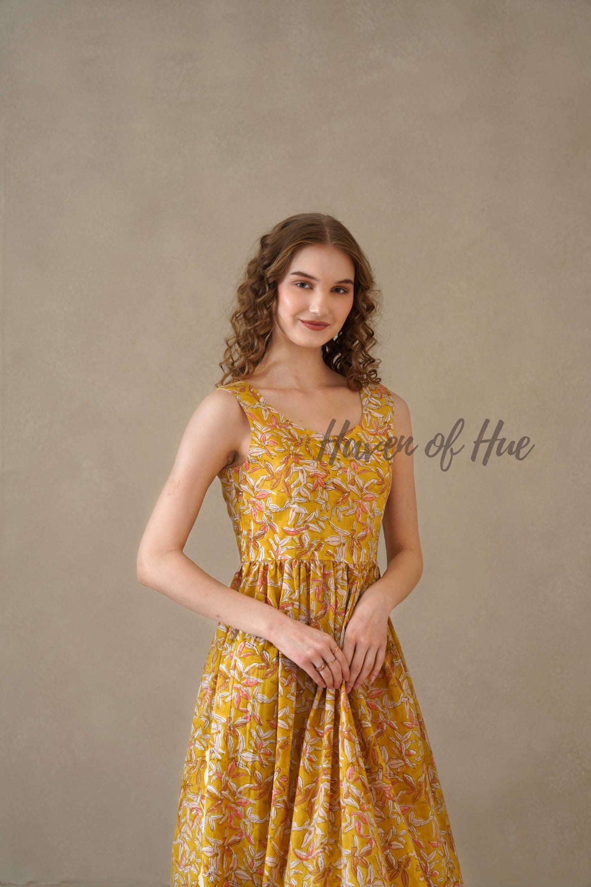 Yellow Floral Midi Dress Hand Block Print Cotton