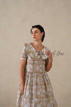 Beige Floral Cotton Dress | Vintage Ruffle Collar Midi Dress