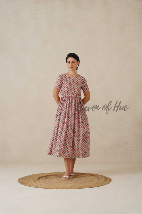 Berry Pink Floral Cotton Midi Dress - Boho Short Sleeve Summer Dress