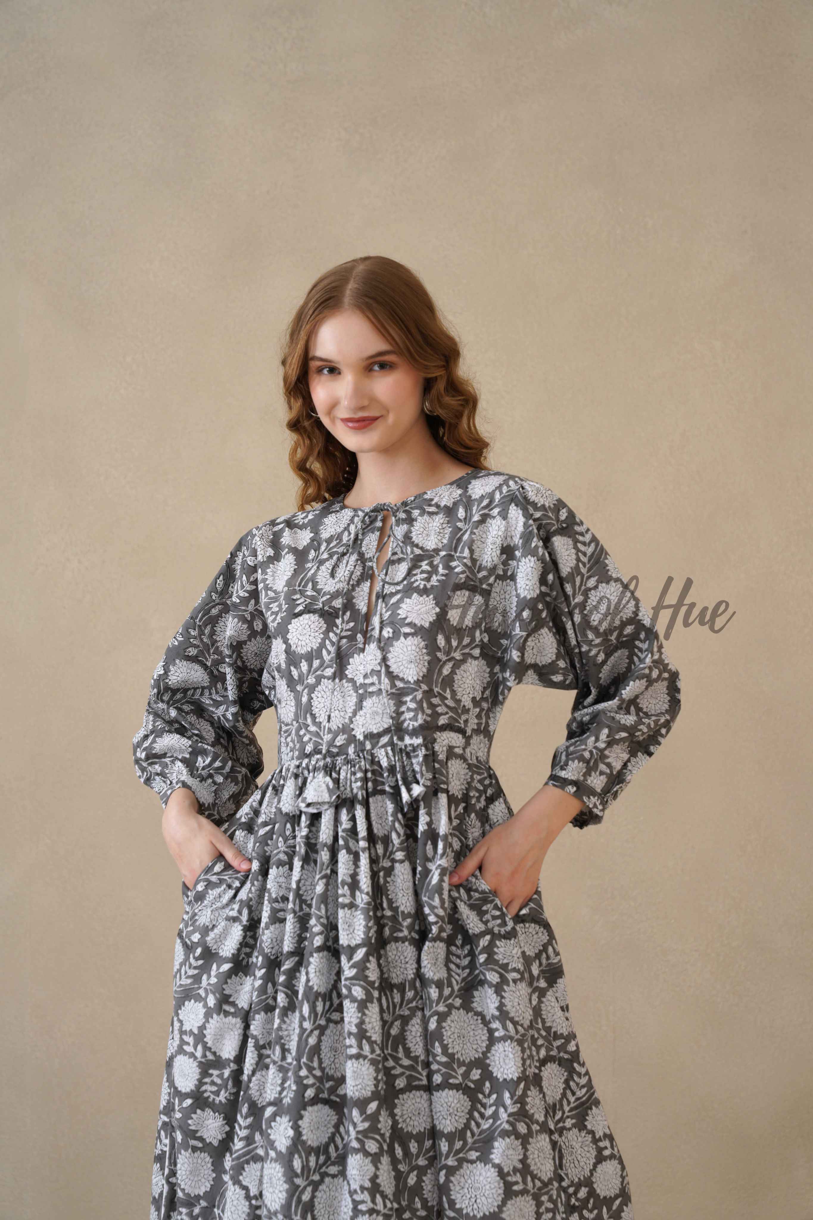 Black Floral Cotton Dress with Full Sleeve Detail