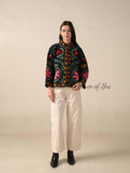 Black Suzani Velvet Jacket Pink Green Floral Embroidered Boho Chic Coat