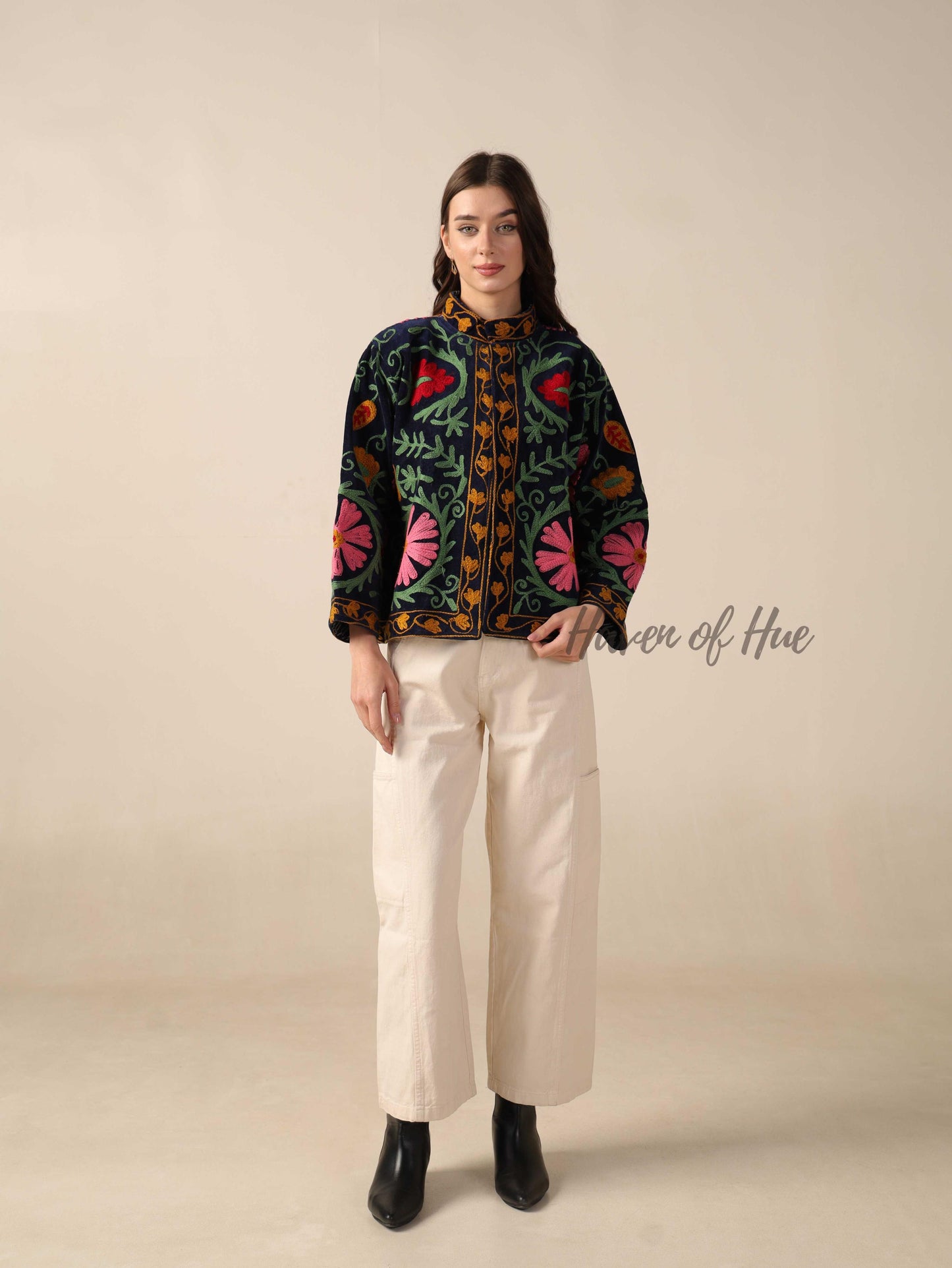 Black Suzani Velvet Jacket Pink Green Floral Embroidered Boho Chic Coat