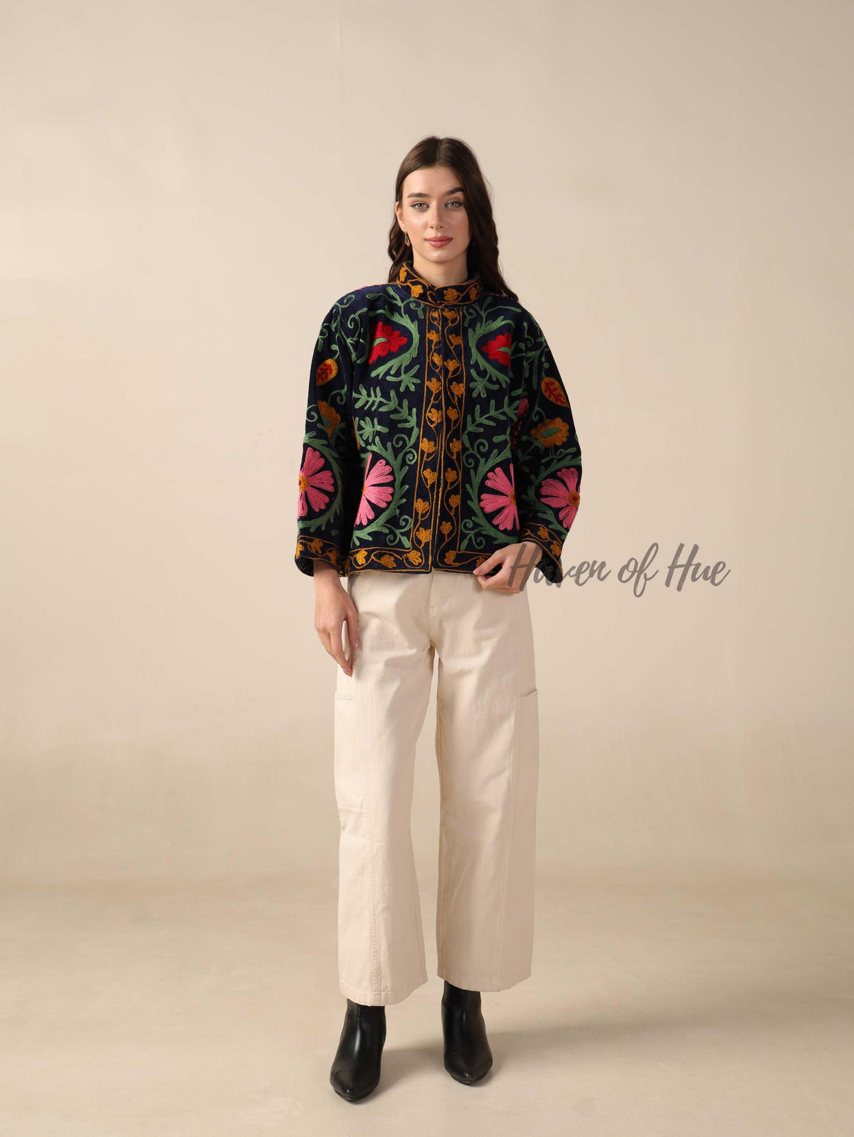 Black Suzani Velvet Jacket Pink Green Floral Embroidered Boho Chic Coat