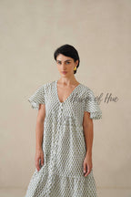 Sage Green Floral Block Print Cotton Midi Dress - Boho Summer Tiered