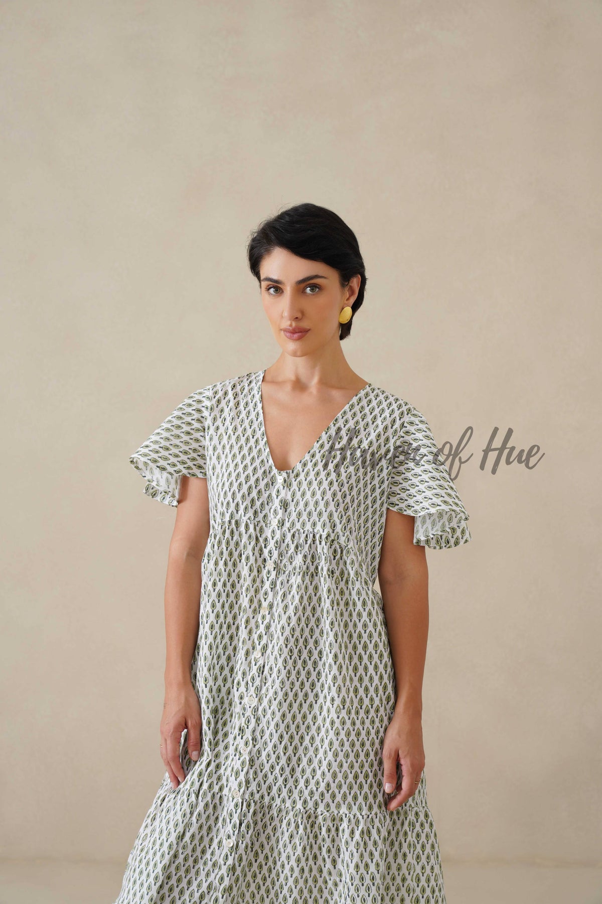 Sage Green Floral Block Print Cotton Midi Dress - Boho Summer Tiered