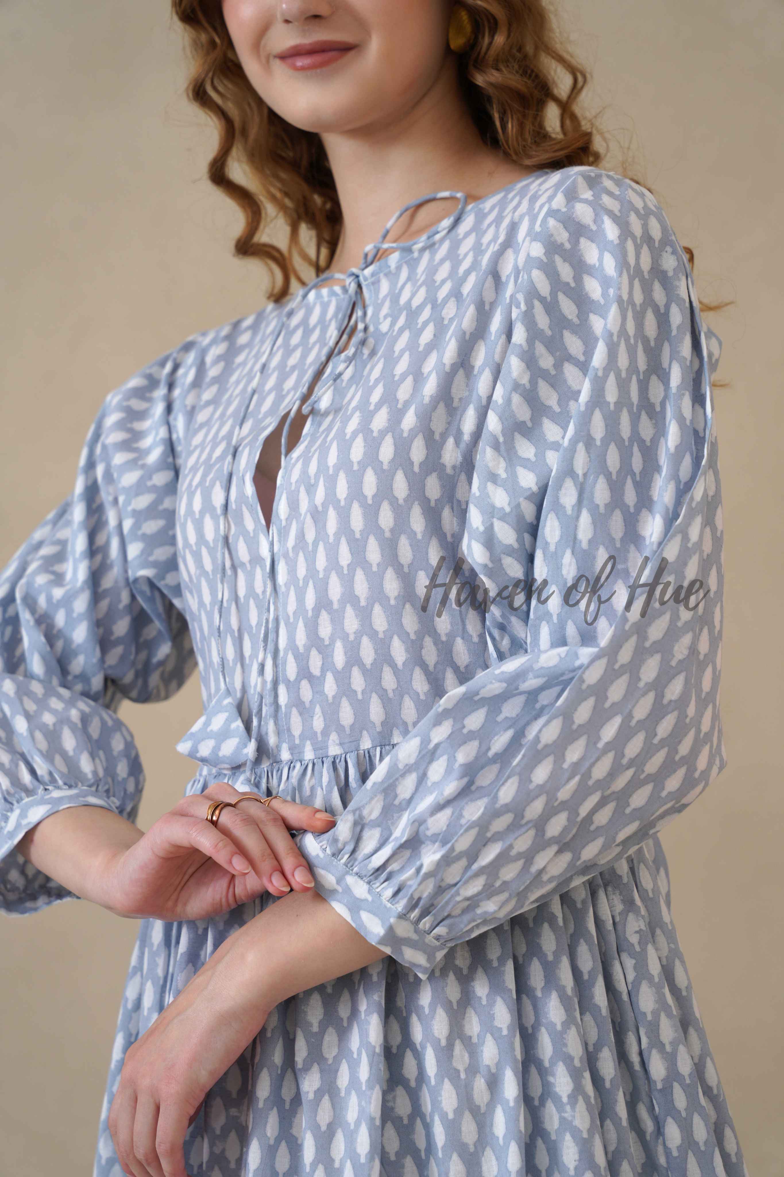 Blue Full Sleeve Cotton Dress with Geometric Print