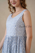 Blue Sleeveless Cotton Dress with White Floral Print