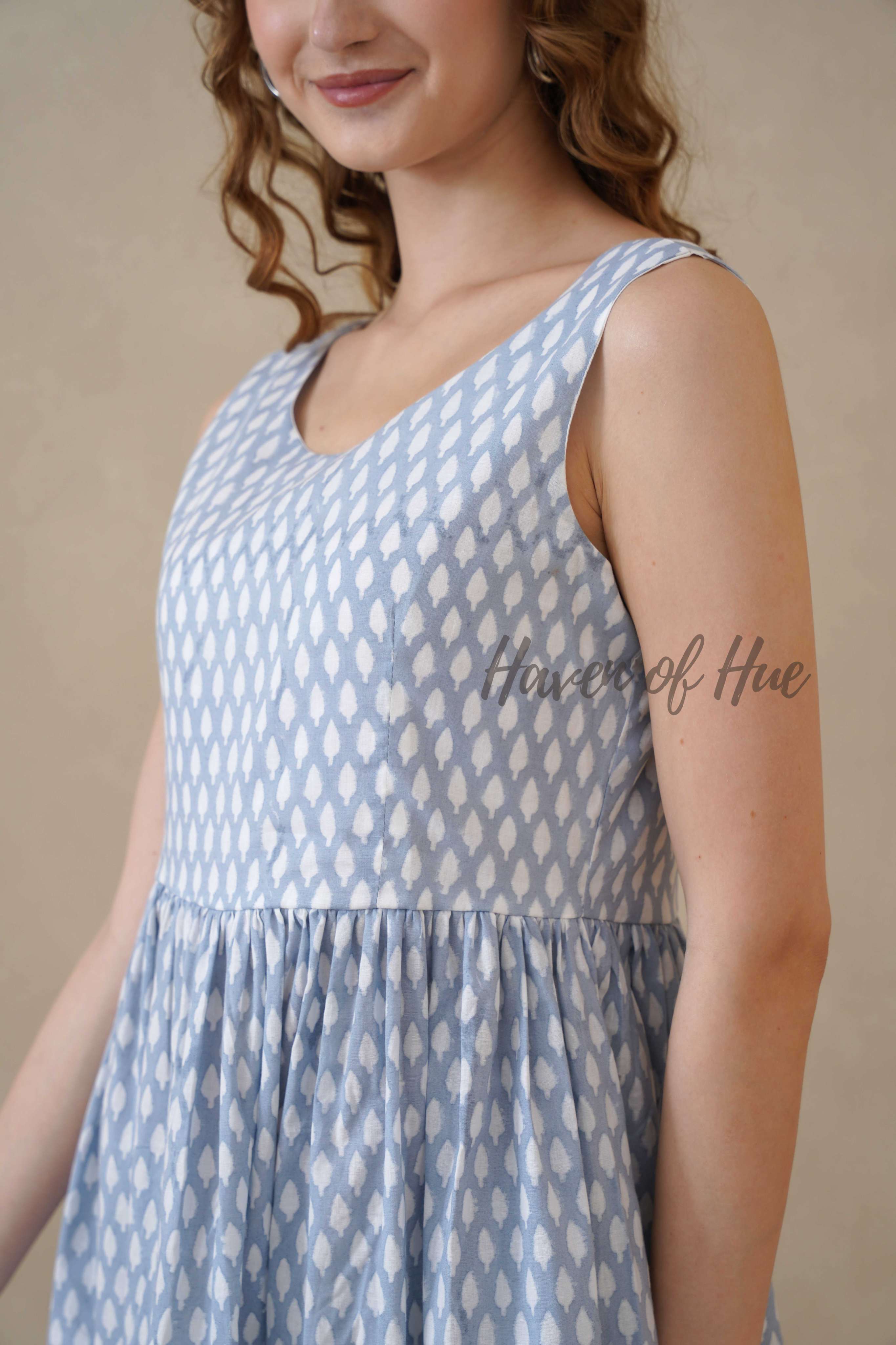 Blue Sleeveless Cotton Dress with White Floral Print
