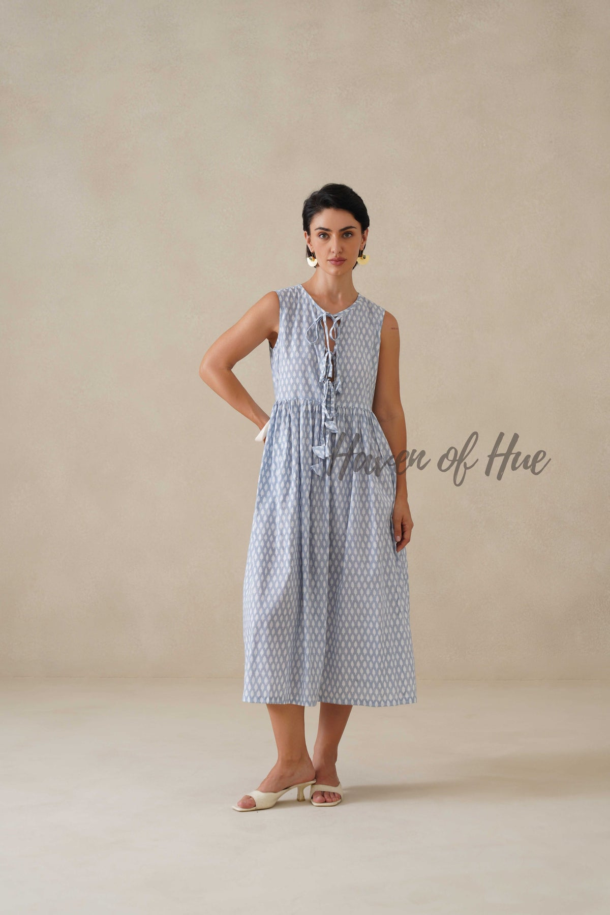 Blue Cotton Midi Dress for Women, Sleeveless Boho Summer Sundress