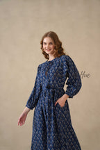 Blue Floral Cotton Midi Dress with Long Sleeves