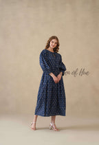 Blue Floral Cotton Midi Dress with Long Sleeves