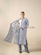 Women’s Blue Floral Cotton Quilted Long Jacket Lightweight Boho Embroidered Outerwear