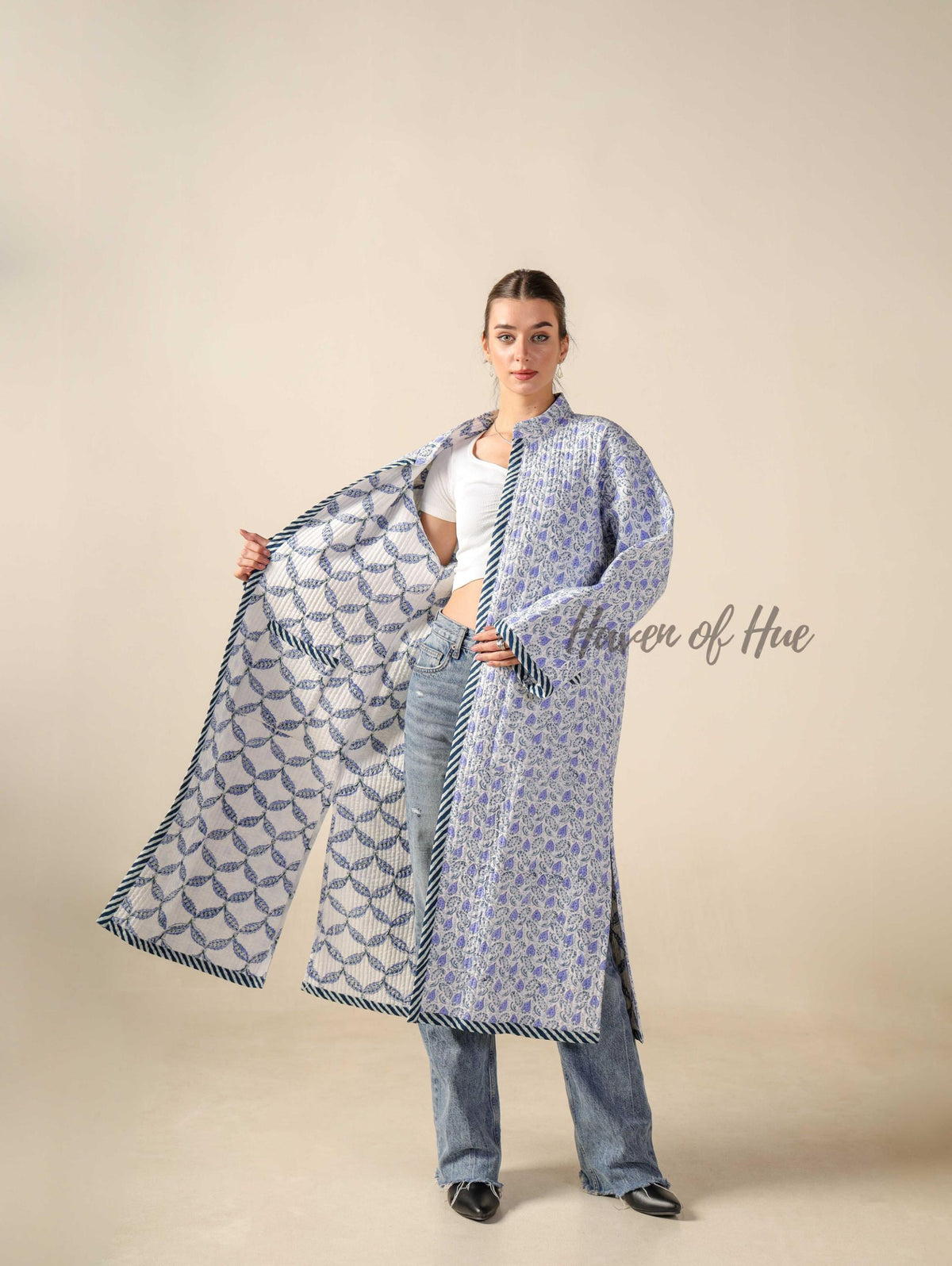 Women’s Blue Floral Cotton Quilted Long Jacket Lightweight Boho Embroidered Outerwear