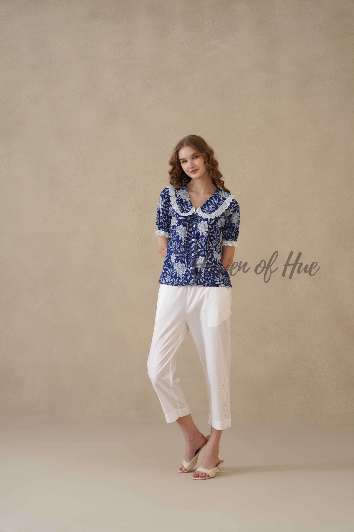Women's Blue Floral Cotton Summer Top with Elegant Lace Collar