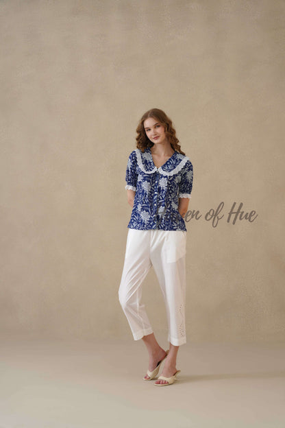 Women's Blue Floral Cotton Summer Top with Elegant Lace Collar