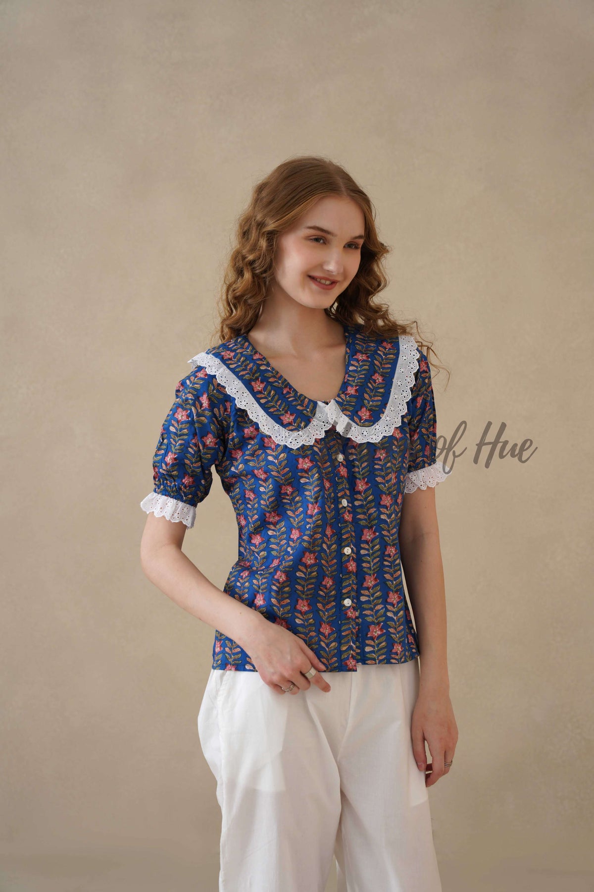 Women’s Blue Floral Cotton Block Printed Top with Lace Peter Pan Collar