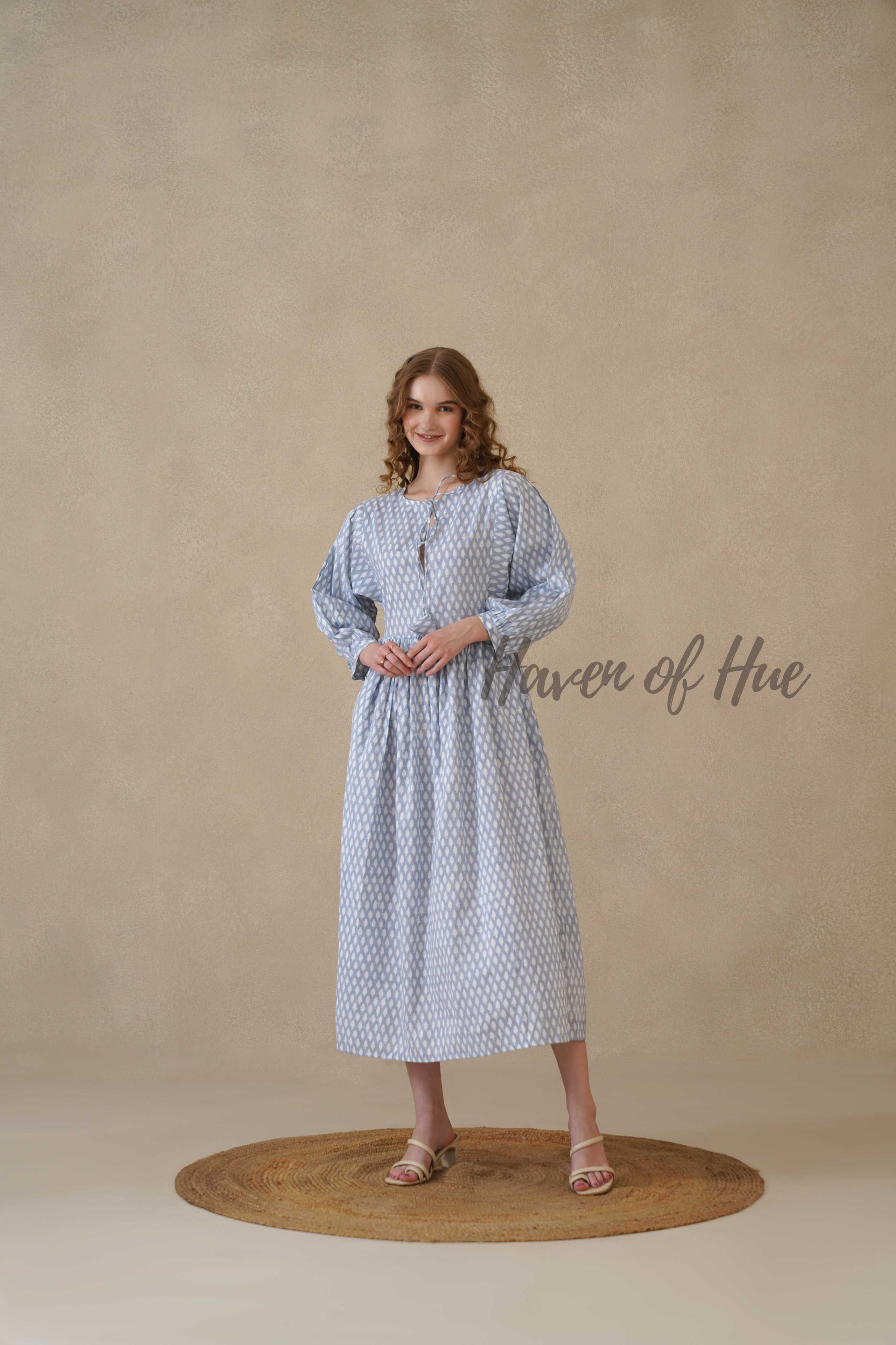 Blue Full Sleeve Cotton Dress with Geometric Print