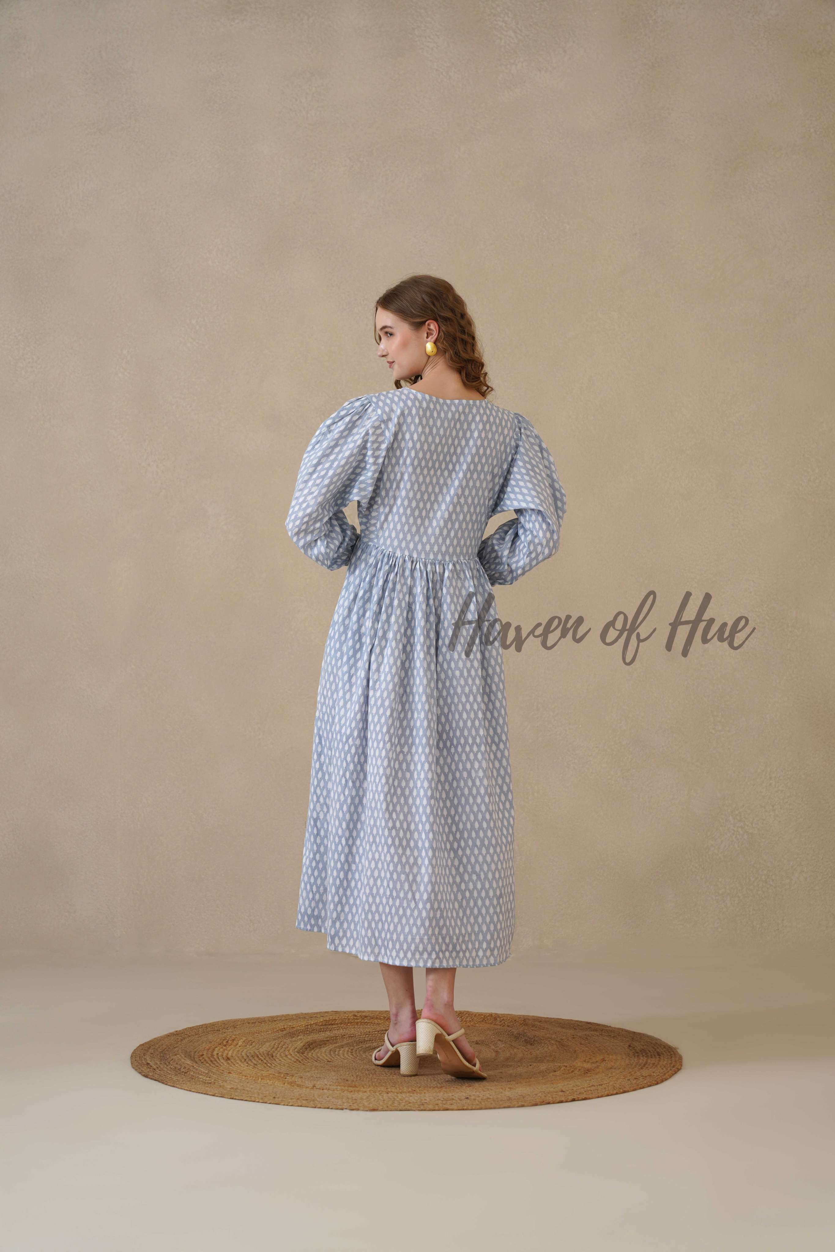 Blue Full Sleeve Cotton Dress with Geometric Print