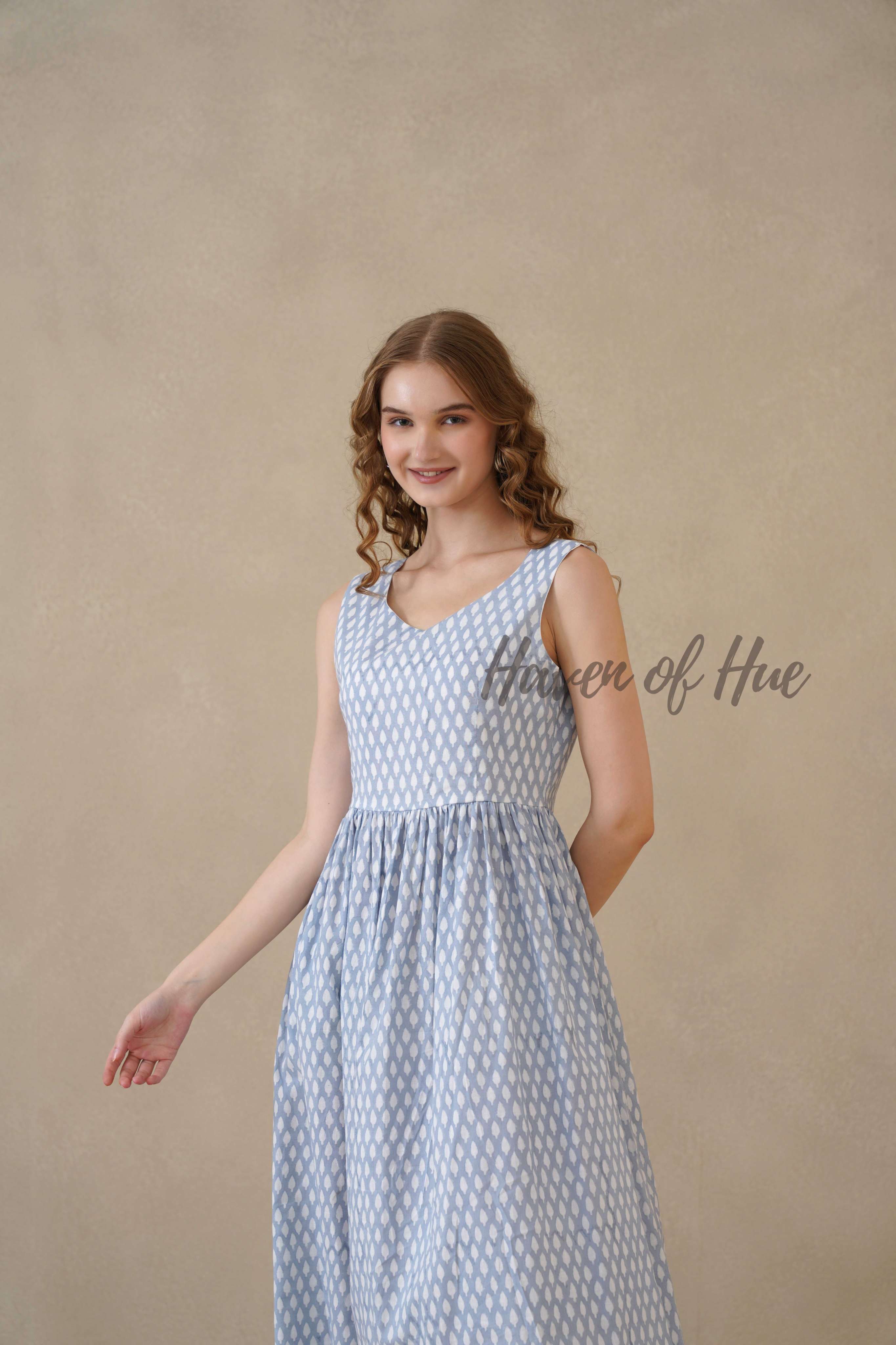 Blue Sleeveless Cotton Dress with White Floral Print