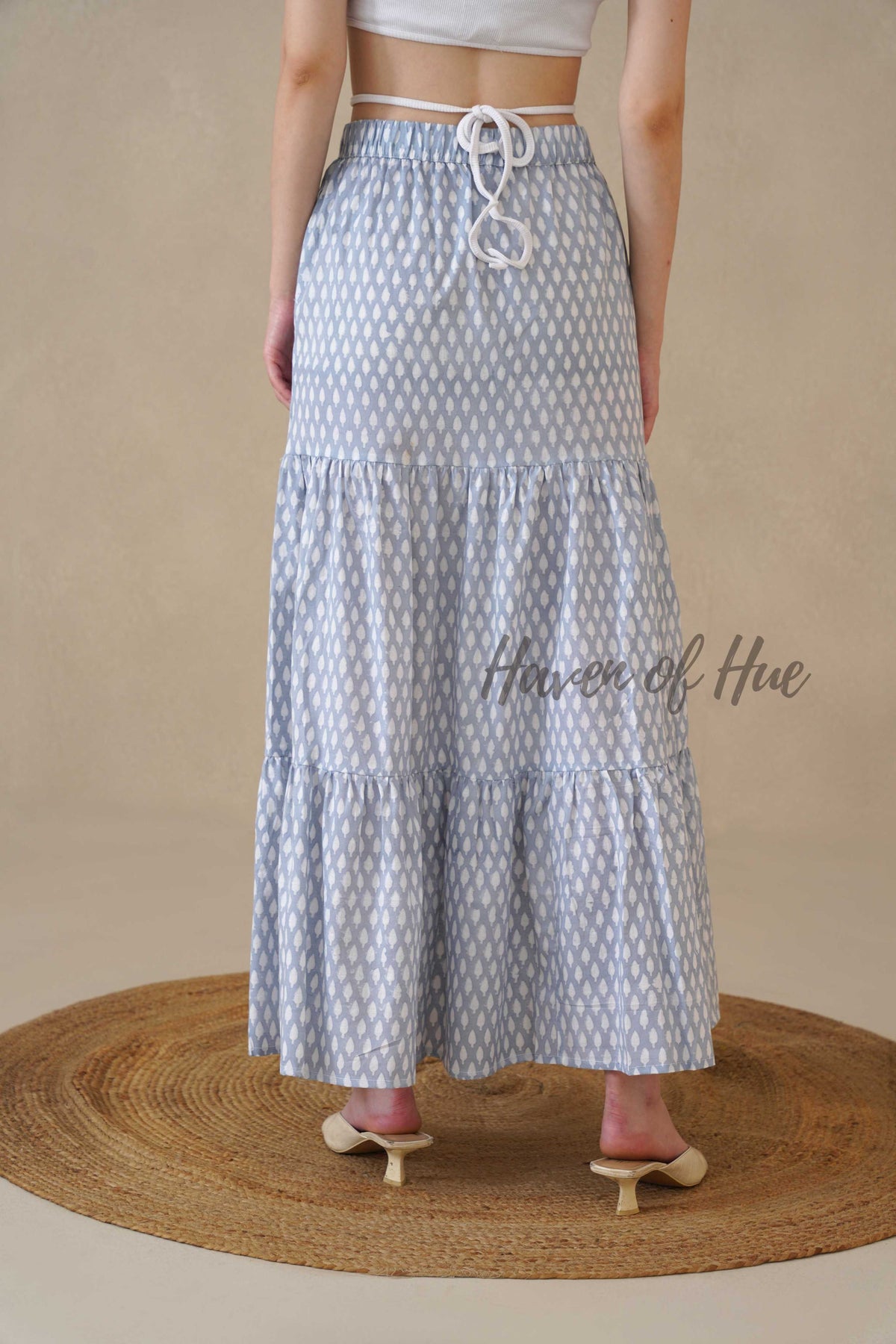 Women’s Blue Diamond Print Cotton Boho Tiered Maxi Skirt for Summer