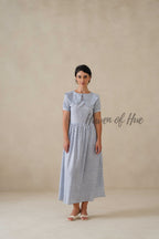Blue Printed Cotton Dress | Vintage Ruffle Collar Midi Dress