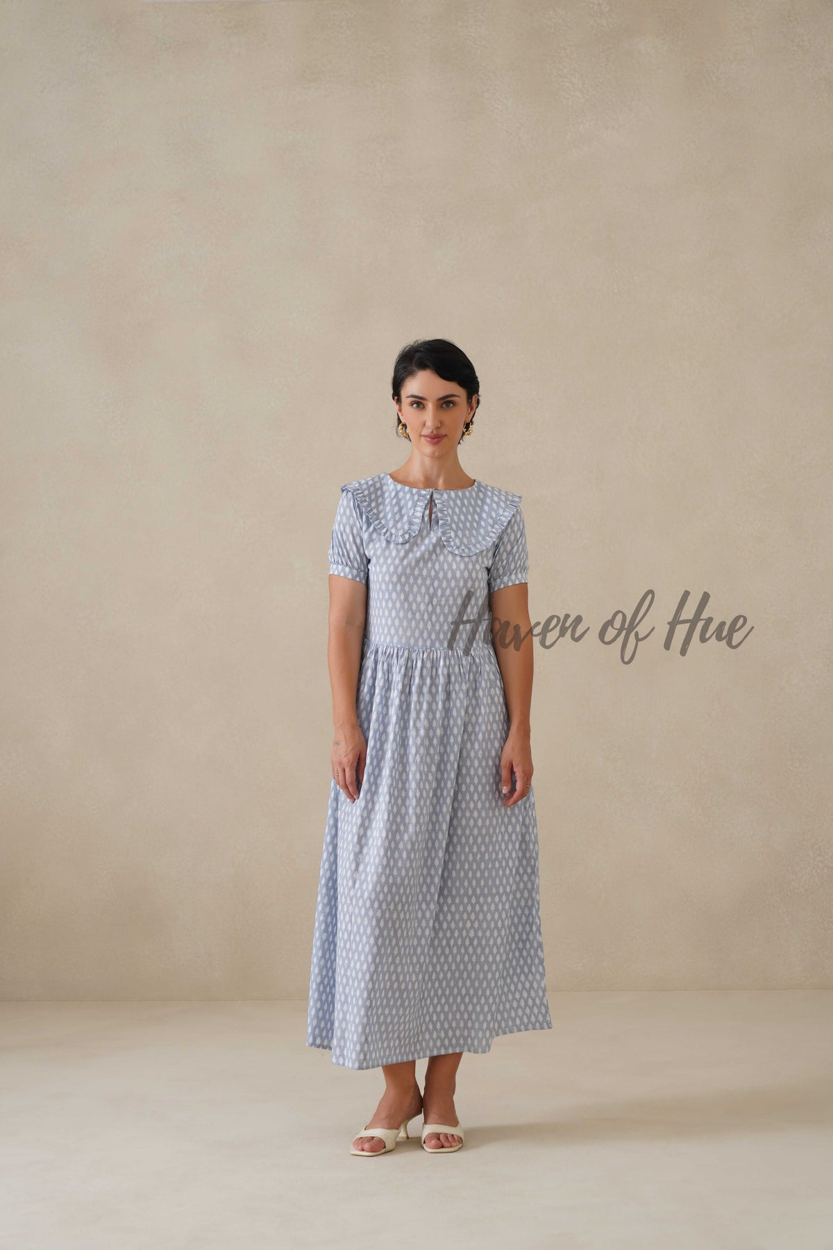 Blue Printed Cotton Dress | Vintage Ruffle Collar Midi Dress