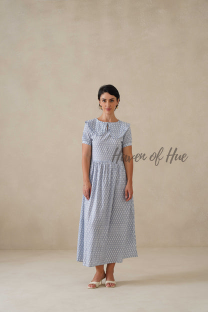 Blue Printed Cotton Dress | Vintage Ruffle Collar Midi Dress