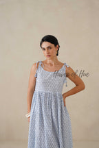 Blue Printed Cotton Dress | Tie Shoulder Summer Midi Dress