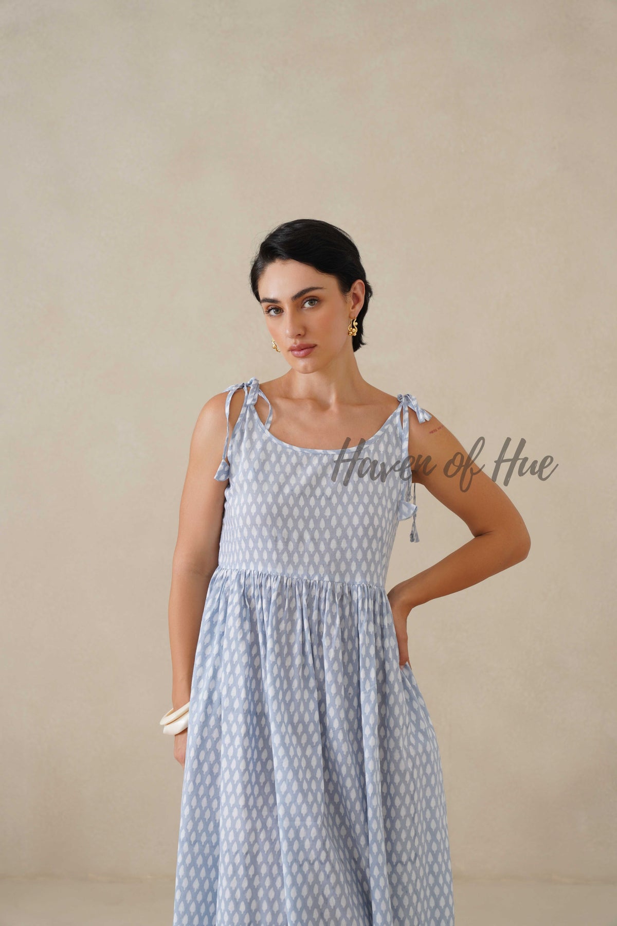 Blue Printed Cotton Dress | Tie Shoulder Summer Midi Dress
