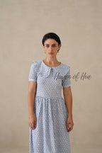 Blue Printed Cotton Dress | Vintage Ruffle Collar Midi Dress
