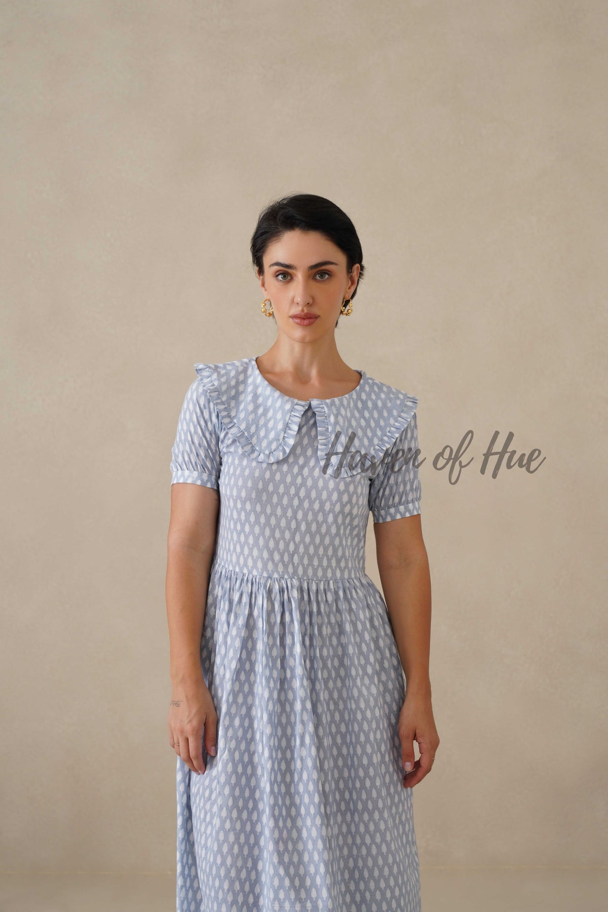 Blue Printed Cotton Dress | Vintage Ruffle Collar Midi Dress