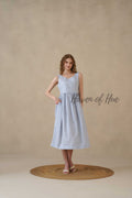 Blue Sleeveless Cotton Dress with White Floral Print